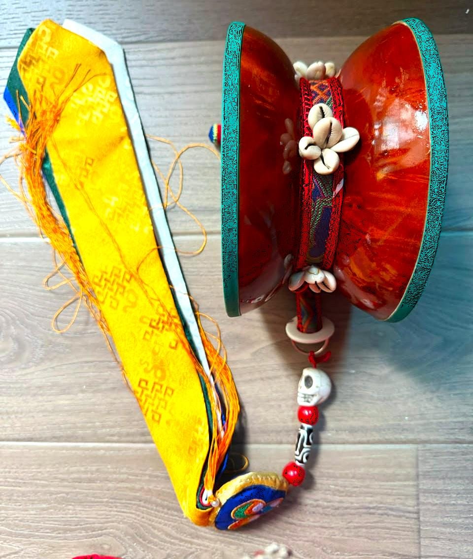 Bhtan Chöd Damaru Drum – Handmade Vajrayana Ritual Drum, Genuine Leather, — image 4