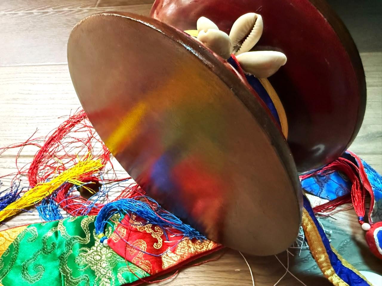 Special edition Chöd Damaru Drum – Genuine Leather, Wooden Buddhist Ritual Instrument — image 2