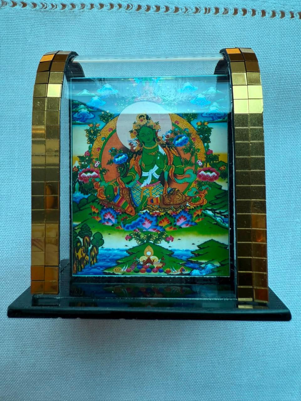 Blessed Green Tara Mini Shrine – Tibetan Buddhist Travel Altar, Vajrayana Sacred Image, Meditation Shrine, 5x6cm