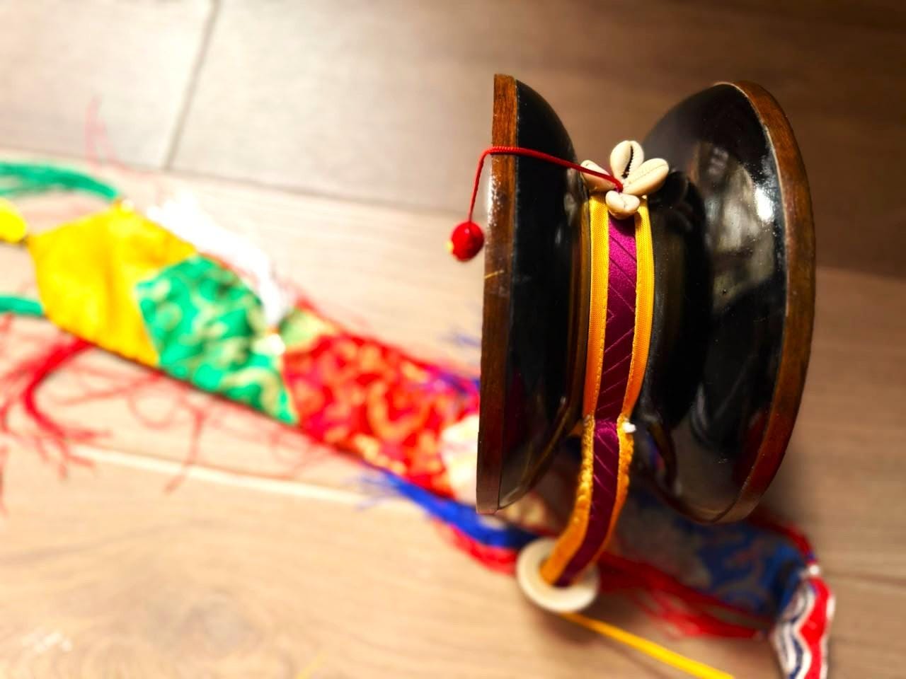 Special edition Chöd Damaru Drum – Genuine Leather, Wooden Buddhist Ritual Instrument — image 4