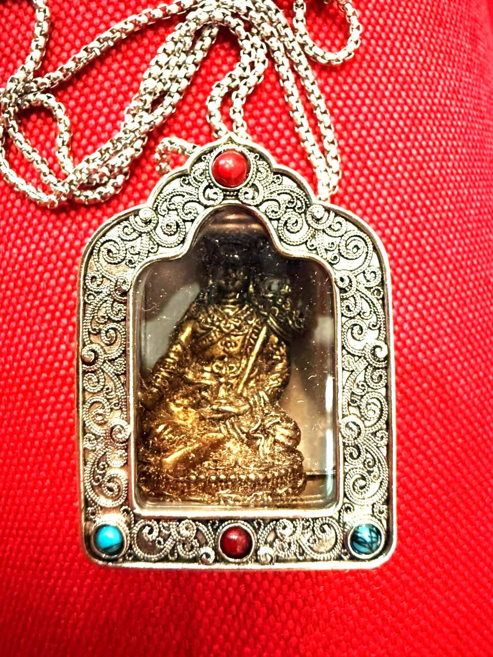 Guru Rinpoche Gau – Handmade Tibetan White Copper Shrine with 4cm Yellow Copper Padmasambhava Statue, Blessed & Consecrated