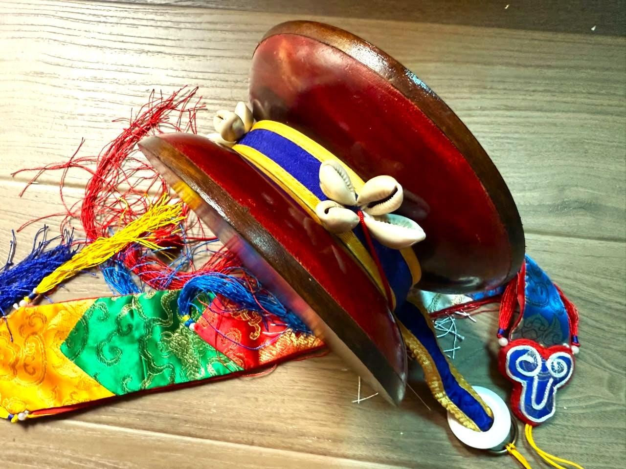Special edition Chöd Damaru Drum – Genuine Leather, Wooden Buddhist Ritual Instrument — image 3