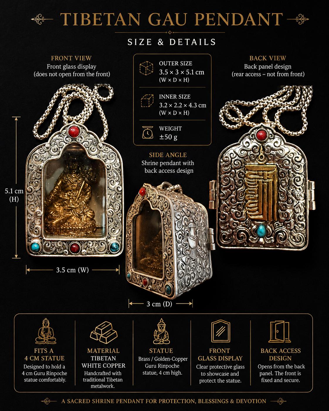 Guru Rinpoche Gau – Handmade Tibetan White Copper Shrine with 4cm Yellow Copper Padmasambhava Statue, Blessed & Consecrated — image 6