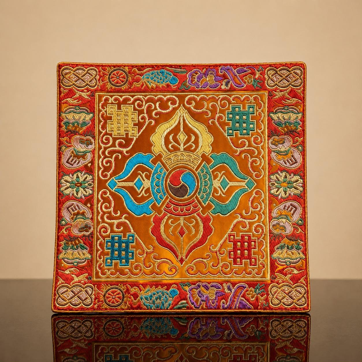 Vajra Bell Mat – Tibetan Buddhist Brocade Ritual Implement Mat, Eight Auspicious Symbols Altar Cloth, 21cm — image 6