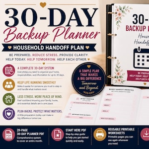 May include: A 30-day backup planner household handoff plan binder with a black cover, gold rings, and colorful tabbed dividers. The open planner displays pages for weekly priorities, bills, administration, and appointments with floral accents.