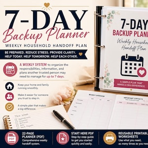 May include: A 7-Day Backup Planner binder with a weekly household handoff plan, featuring a white cover with floral accents, a calendar icon, and colorful tab dividers. The set includes open task sheets, a weekly overview, and contact pages.