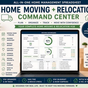 May include: A digital home moving and relocation command centre spreadsheet displayed on a laptop screen. The dashboard features sections for moving tasks, packing inventory, budget summary, and a moving day checklist with progress charts.