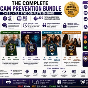 May include: The Complete Scam Prevention Bundle infographic features five editions: Family, Older Adults, AI & Deepfake, Young Adult, and Community Educator. It details 47 PDF resources, 382 pages, and 200 scenarios, highlighting the Stop. Ask. Know. framework.