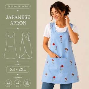 May include: A light blue apron featuring a floral and mushroom print, worn over a white t-shirt. The left side displays text reading SEWING PATTERN JAPANESE APRON, SIZES XS - 2XL, and formats A0, A4, and US LETTER, with line drawings of the apron.
