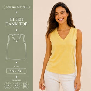 May include: A sewing pattern for a linen tank top featuring a yellow sleeveless top with a V-neckline. The graphic includes the text SEWING PATTERN, LINEN TANK TOP, SIZES XS - 2XL, and FORMATS A0, A4, US LETTER with a line drawing of the tank top.