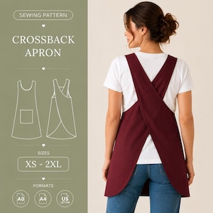Wzór na fartuch z krzyżowym tyłem, japoński wzór do szycia fartucha, fartuch damski typu pinafore, fartuch kuchenny, odpowiedni dla początkujących, XS-XXL, format A4, A0, US Letter