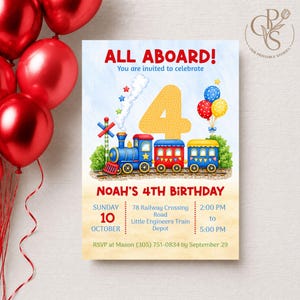 Op de afbeelding: Een verjaardagsuitnodigingskaart met een kleurrijke trein, een groot geel cijfer vier en rode ballonnen. De tekst luidt ALL ABOARD! You are invited to celebrate, NOAH'S 4TH BIRTHDAY, SUNDAY 10 OCTOBER, 78 Railway Crossing Road, 2:00 PM to 5:00 PM.