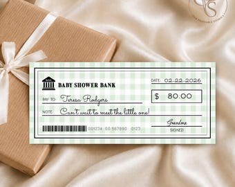 Baby Shower Money Gift Check Template, Sage Green Gingham Baby Shower Bank Check, Editable Corjl Template, Printable Cash Gift Certificate