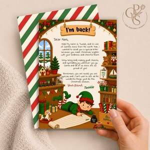 Puede incluir: Una carta de Navidad de un elfo llamado Twinkle, con un elfo de dibujos animados escribiendo en un pergamino. La carta incluye el texto I'm back, Dear Mark y un mensaje del Polo Norte. La escena muestra estantes con juguetes, un cascanueces y regalos.