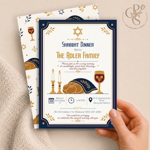 May include: A rectangular Shabbat dinner invitation card with a dark blue border and gold accents. The text reads: Shabbat Dinner with The Adler Family, Friday October 9, 6:30 PM, 22 Candlelight Way, Shalom Grove. Includes illustrations of candles, challah bread, and a wine goblet.