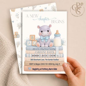 Puede incluir: Una tarjeta de invitación para baby shower con un hipopótamo morado de dibujos animados con pajarita azul, sentado sobre una pila de libros. El texto dice A NEW CHAPTER BEGINS, Join us for a Baby Shower honoring CAROLINE HAYES, SATURDAY | JULY 25 | 5:00 PM, 380 Riverbank Lane, The Garden Pavilion, RSVP to Megan (305) 751-0834 by July 11, y Registry at Pottery Barn Kids.