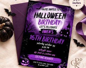 Halloween Sweet 16 Birthday Invitation Template, Purple Haunted House Full Moon Party Invite, Teen Corjl Template, Editable Printable BD246