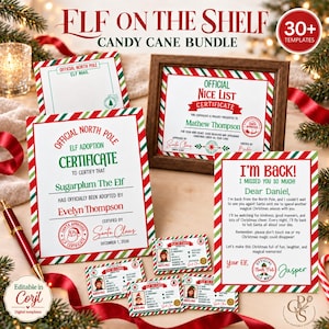 Elf on the Shelf Candy Cane Bundle Editable Corjl Templates Instant Download, Elf Letters Adoption Certificates Nice List Rules Report Cards