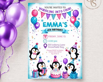 Penguin Birthday Invitation Template, Waddling Into Fun Winter Party, Cute Penguin Corjl Template, Editable Kids Birthday Printable BD119