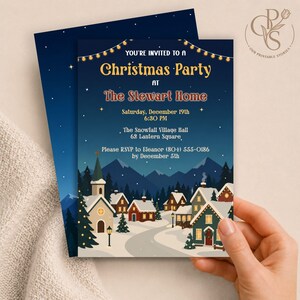 May include: A Christmas party invitation card featuring a dark blue night sky with stars and string lights above a snowy village scene with houses, trees, and mountains. The text reads: You're invited to a Christmas Party at The Stewart Home.