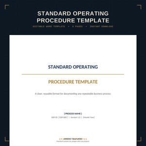 Op de afbeelding: Een digitaal document getiteld Standard Operating Procedure Template met een witte achtergrond en donkerblauwe en gouden tekst. Het bevat velden voor procesnaam, SOP-ID, versie en datum, ontworpen als een herbruikbaar formaat.