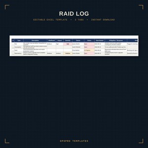 May include: A digital RAID log Excel template featuring a dark background with white text reading RAID LOG, EDITABLE EXCEL TEMPLATE, 3 TABS, INSTANT DOWNLOAD. Below is a table with columns for Type, Description, Likelihood, Impact, Severity, Owner, Status, Date Raised, Mitigation, and Notes.