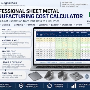 May include: A professional sheet metal manufacturing cost calculator Excel template displayed on a laptop screen. The graphic outlines five steps: part data, material and yield, process cost, labour and overhead, and final cost, with four metal parts.