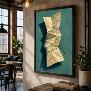 Puede incluir: Una impresión de arte mural vertical enmarcada que muestra un mapa de papel plegado de color crema con líneas de ríos azules y detalles de hilo rojo, sobre un fondo verde azulado texturizado. El mapa proyecta una sombra oscura y definida.