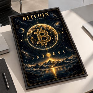May include: A framed rectangular wall art print featuring a glowing gold Bitcoin symbol centered on a dark celestial background with a mountain range, a reflective lake, and moon phases. The text reads BITCOIN DIGITAL GOLD, SCARCE GLOBAL TIMELESS, and 21,000,000.