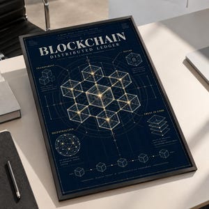 May include: A framed dark blue poster featuring a technical diagram of a blockchain distributed ledger. The design includes glowing geometric cube structures, a circular network graphic, and white text labels explaining concepts like transparency.