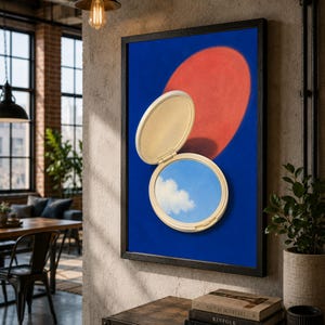 May include: A framed wall art print featuring a surrealist painting of an open, cream-coloured compact mirror against a deep blue background. The mirror reflects a bright blue sky with a single white cloud, while a large red oval shape floats behind it.