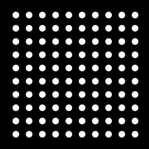 May include: A square graphic pattern featuring a grid of white circles arranged in ten rows and ten columns against a solid black background. The circles are uniform in size and evenly spaced, creating a symmetrical and repetitive geometric design.