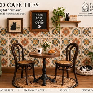 Könnte beinhalten: Ein digitaler Download im Maßstab 1:12 von bemalten Café-Fliesen mit sechs einzigartigen Blumenmotiven in Orange, Gelb und Blaugrün. Das Set enthält druckbare Miniaturfliesen für Puppenhäuser mit einem sich wiederholenden geometrischen Blumenmuster.