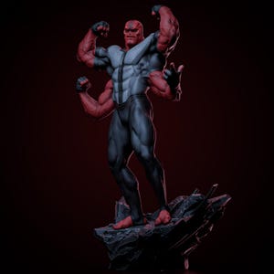 Könnte beinhalten: Eine rot-häutige humanoide Figur mit vier Armen, die auf einem gezackten, dunklen Felsensockel steht. Die Figur trägt einen grauen und schwarzen Anzug mit einem vertikalen Mittelstreifen. Sie hat einen muskulösen Körperbau und einen kahlen Kopf.