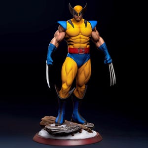 Puede incluir: Una figura detallada de un personaje musculoso con un traje amarillo y azul con rayas negras, un cinturón rojo y guantes y botas azules. El personaje lleva una máscara con orejas puntiagudas y tres garras de color plateado en cada mano.