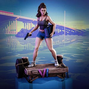 Può includere: Una statuetta da collezione raffigurante una donna in piedi su un molo di legno con l'etichetta Deck VI, che indossa una canotta grigia, pantaloncini di jeans blu e scarpe da ginnastica bianche. Impugna una pistola nera e una valigetta nera.