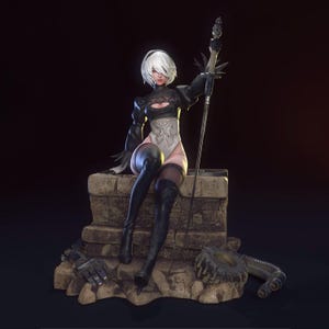 May include: A detailed figurine of a character with short white hair, wearing a black outfit with a white bodice, black thigh-high boots, and a blindfold. The figure sits on a weathered stone block, holding a long sword upright in one hand.
