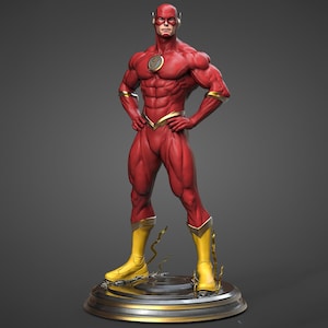 May include: A standing figurine of a superhero wearing a red bodysuit with gold accents, a yellow lightning bolt emblem on the chest, and yellow boots. The character is posed with hands on hips, mounted on a circular base with yellow lightning effects.