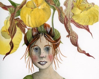 Yellow Lady's-Slipper - Wood Nymph, Fairy Art Print (reproduced from original watercolour painting), matted, 8 x 10 inches.
