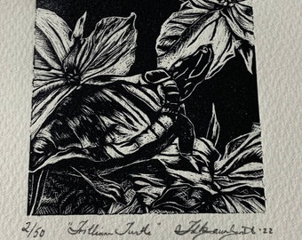 Wood engraving - trillium turtle, limited edition, hand engraved print.
