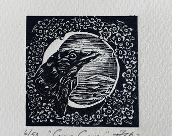 Crow Cameo - wood engraving print, limited edition