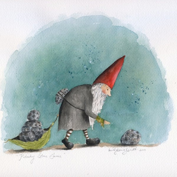 Petoskey Stone Gnome - 5 x 7 matted print (reproduction) by Snow Fairy Cottage.