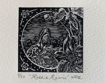 Rabbit Reverie - wood engraving print, limited edition