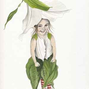 May include: A watercolor painting of a young girl dressed as a fairy. She is wearing a white dress with green leaves and a white flower on her head. The painting is titled "Snow Fairy Farm".