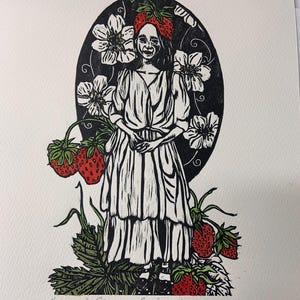Stawberry Lady - woodcut print, limited edition, hand painted.