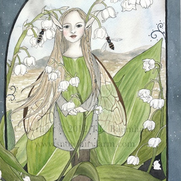 Lily-of-the-Valley Fairy - Fee/Fee Kunstdruck 15 x 20 cm - Mattierte Größe 20 x 25 cm, von Snow Fairy Cottage.