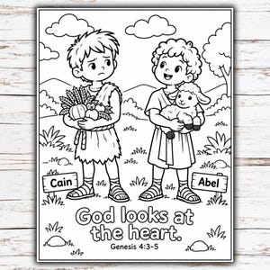 May include: A black and white coloring page featuring two children, Cain and Abel, in a landscape. Cain holds a bundle of crops, while Abel holds a lamb. The text reads, "Cain," "Abel," "God looks at the heart," and "Genesis 4:3-5."