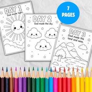 May include: A set of seven black and white colouring pages featuring religious themes with text including Day 1 God made light, Day 2 God made the sky, and Day 3 God made the land and seas, accompanied by a row of multicoloured sharpened pencils.