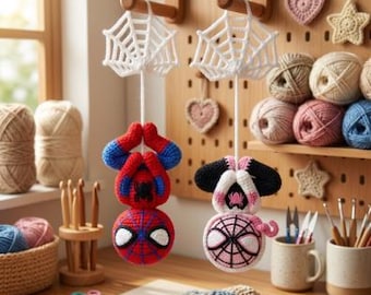 Spider Web Hanging Ornament Duo, SpiderMan Car Mirror Hanging Amigurumi, Amigurumi Superhero, Crochet Keychain, Amigurumi Wall Decor DIY