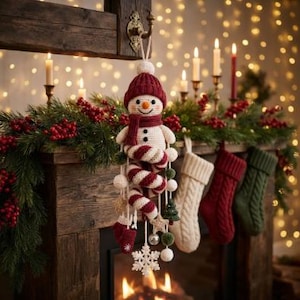 May include: A crocheted snowman ornament wearing a dark red knit hat and scarf, featuring a candy cane patterned body. The ornament hangs from a string with dangling miniature crocheted items including a mitten, a star, and a white snowflake.